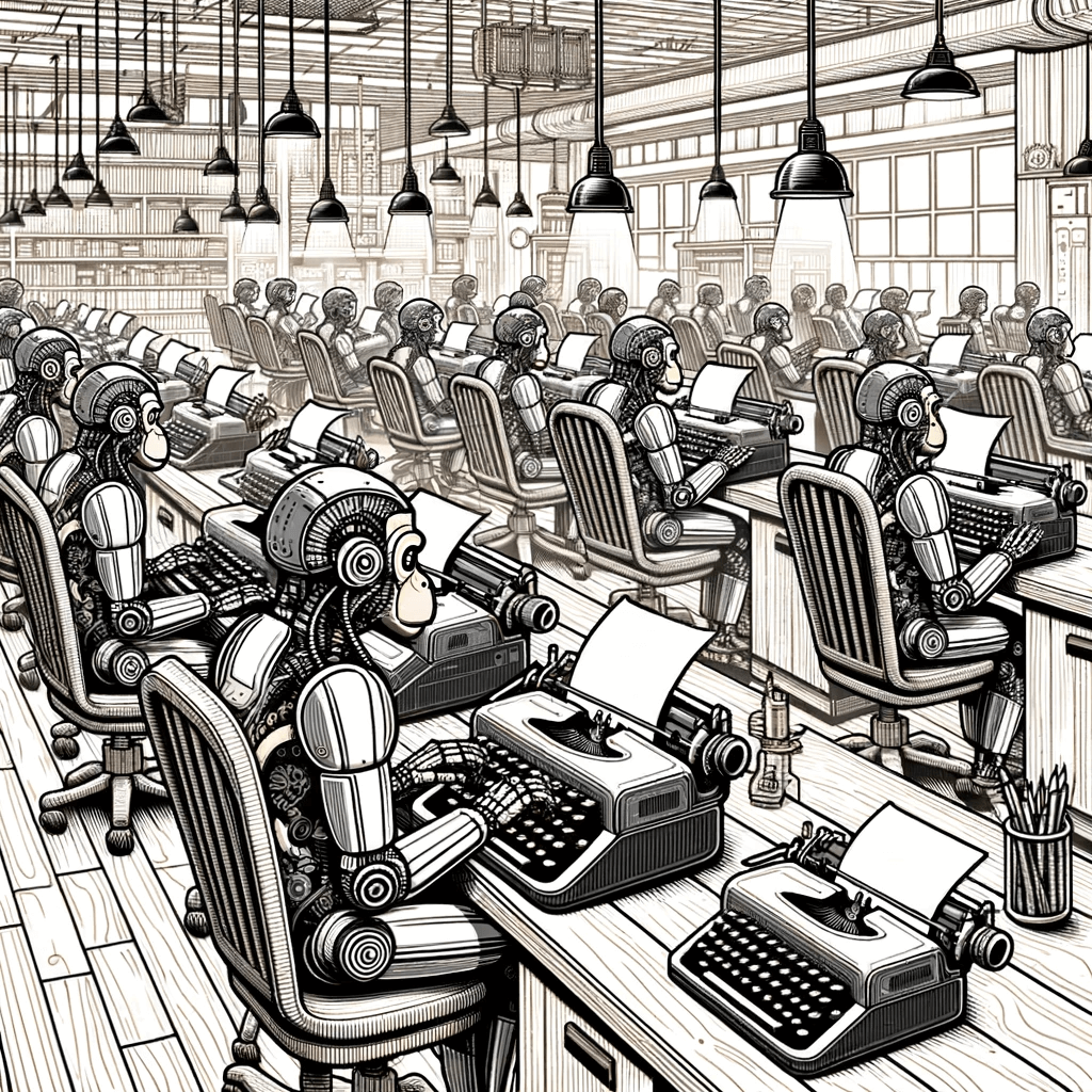 An illustration of a Robot Monkeys typing on typewriters